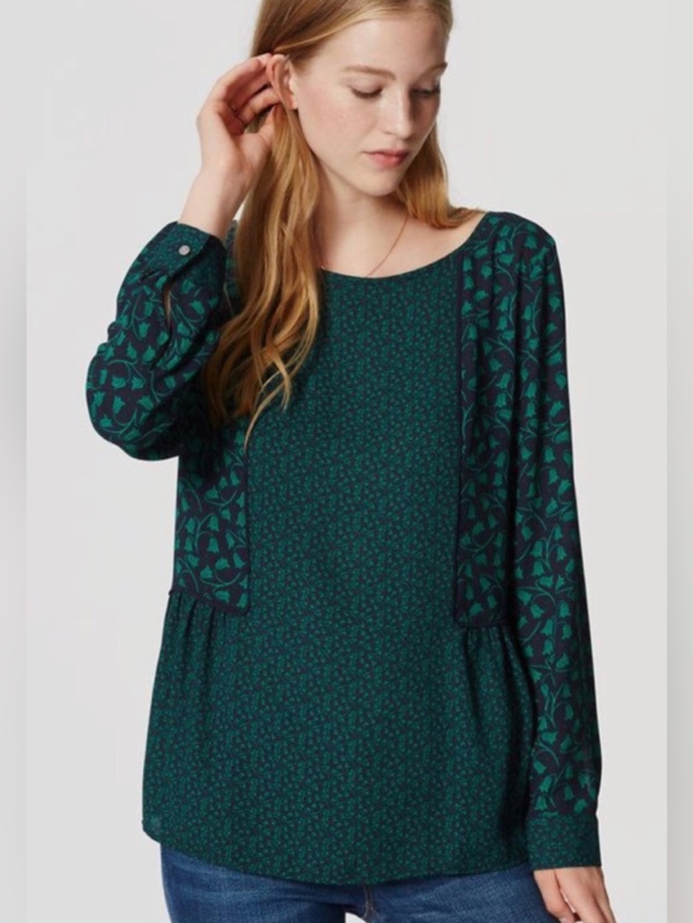 LOFT Petite Floral Botanical Print Peplum Blouse Navy with Emerald Green BOHO